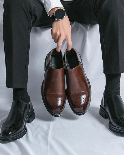 Men’s Slip-On Leather Shoes – Smart Casual Comfort with Elastic Panels