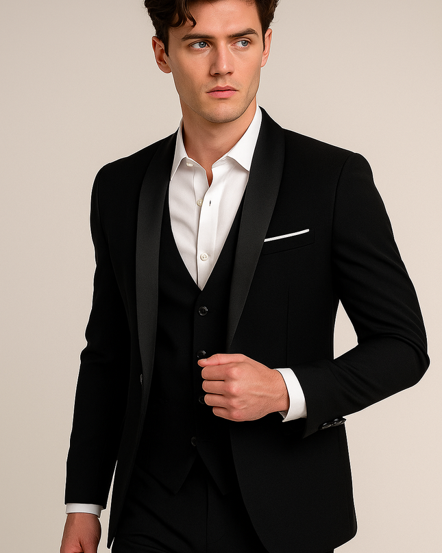Men’s Three-Piece Slim Fit Suit – Shawl Lapel – Tailored Elegance