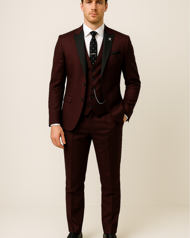 Men’s Three-Piece Suit – Burgundy, Tailored Formal Set