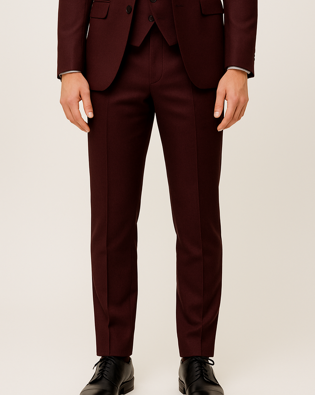 Men’s Three-Piece Suit – Burgundy, Tailored Formal Set