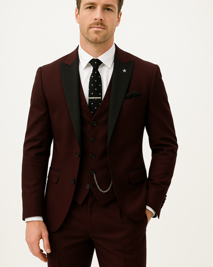 Men’s Three-Piece Suit – Burgundy, Tailored Formal Set