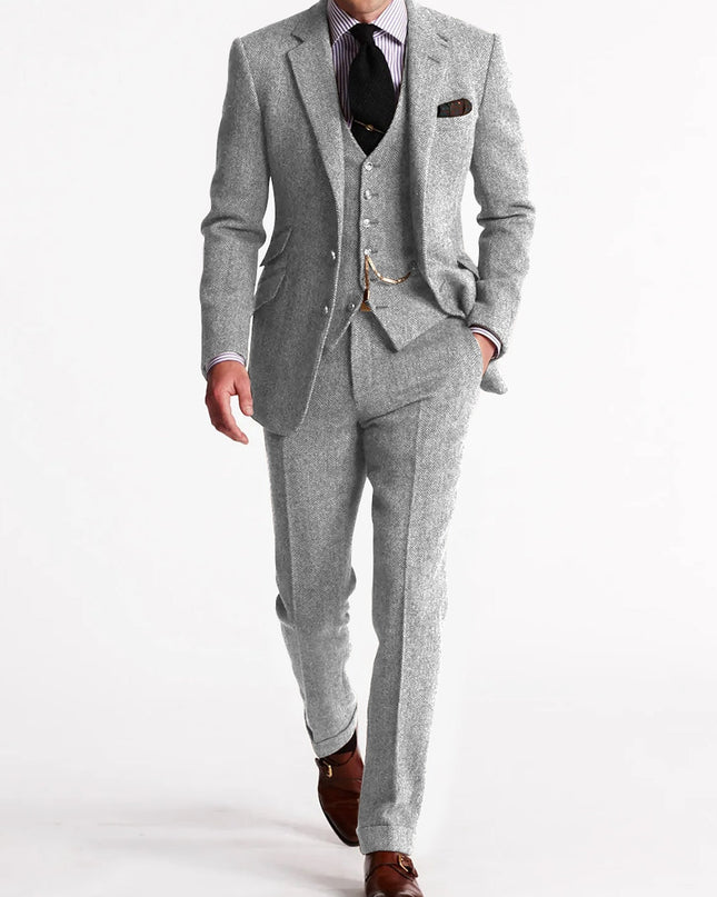 Men’s Three-Piece Tweed Tuxedo – Classic Tailored Suit Set