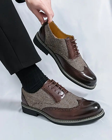 Men’s Tweed Oxford Brogues – Classic Almond Wingtip Lace-Up Shoes