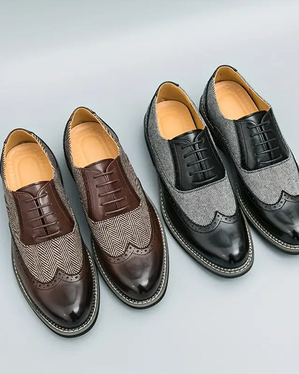 Men’s Tweed Oxford Brogues – Classic Almond Wingtip Lace-Up Shoes