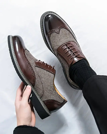 Men’s Tweed Oxford Brogues – Classic Almond Wingtip Lace-Up Shoes