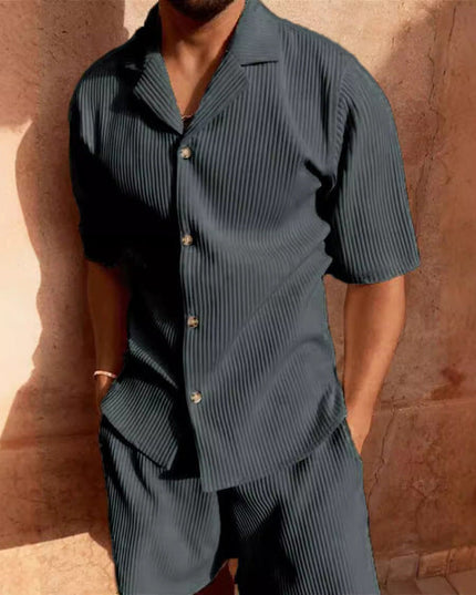 Casual Button-Up Shirt and Shorts Set for Men