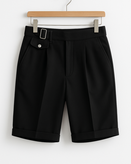 Pleated Tailored Shorts with Side Buckles – Slim Fit