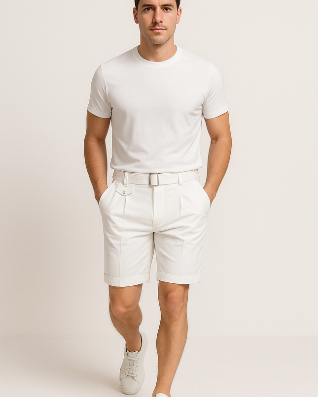 Pleated Tailored Shorts with Side Buckles – Slim Fit