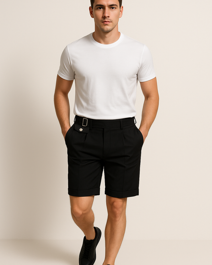 Pleated Tailored Shorts with Side Buckles – Slim Fit