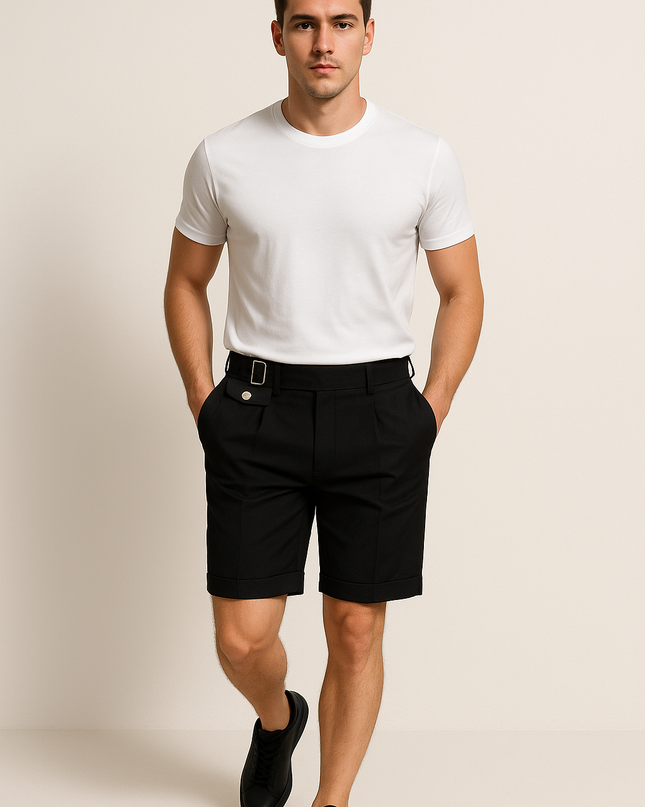 Pleated Tailored Shorts with Side Buckles – Slim Fit