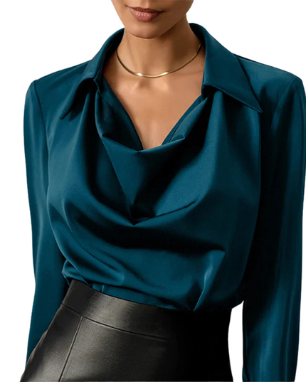 Samantha | Women’s Drape Neck Long Sleeve Satin Blouses