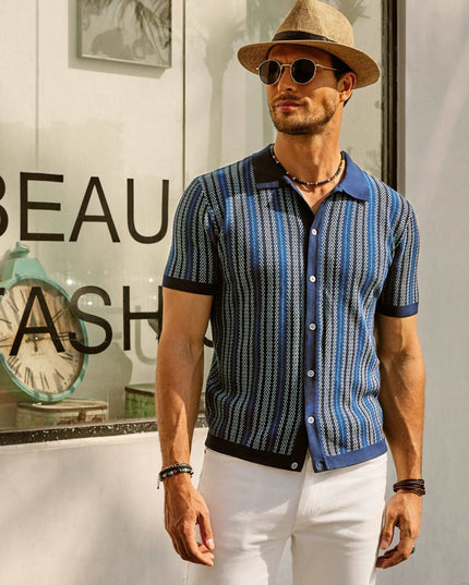 Retro Striped Button-Down Polo Shirt – Short Sleeve Vintage Look for Men