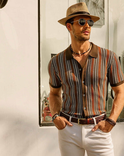 Retro Striped Button-Down Polo Shirt – Short Sleeve Vintage Look for Men