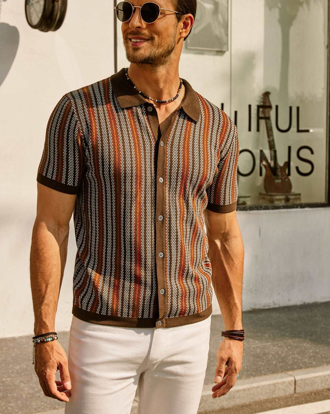 Retro Striped Button-Down Polo Shirt – Short Sleeve Vintage Look for Men
