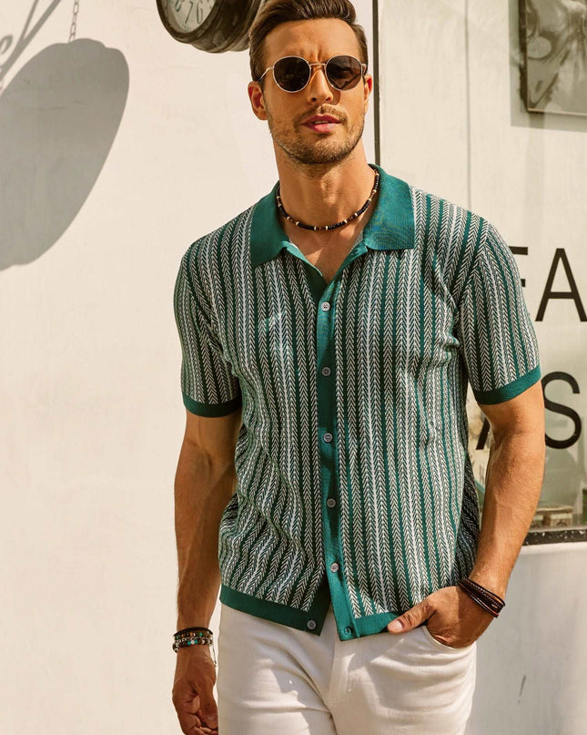 Retro Striped Button-Down Polo Shirt – Short Sleeve Vintage Look for Men