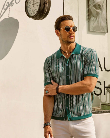 Retro Striped Button-Down Polo Shirt – Short Sleeve Vintage Look for Men
