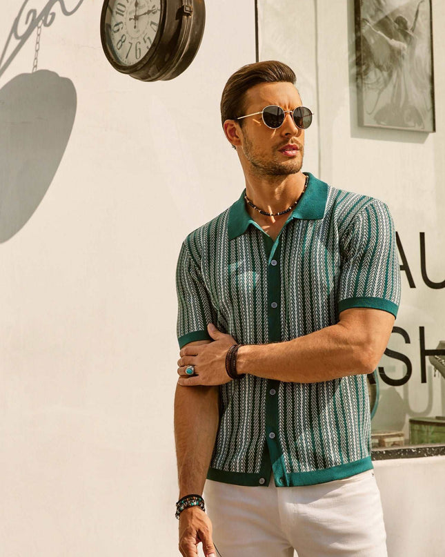 Retro Striped Button-Down Polo Shirt – Short Sleeve Vintage Look for Men