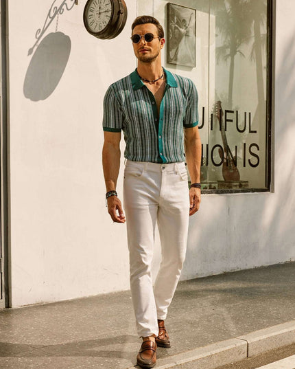 Retro Striped Button-Down Polo Shirt – Short Sleeve Vintage Look for Men