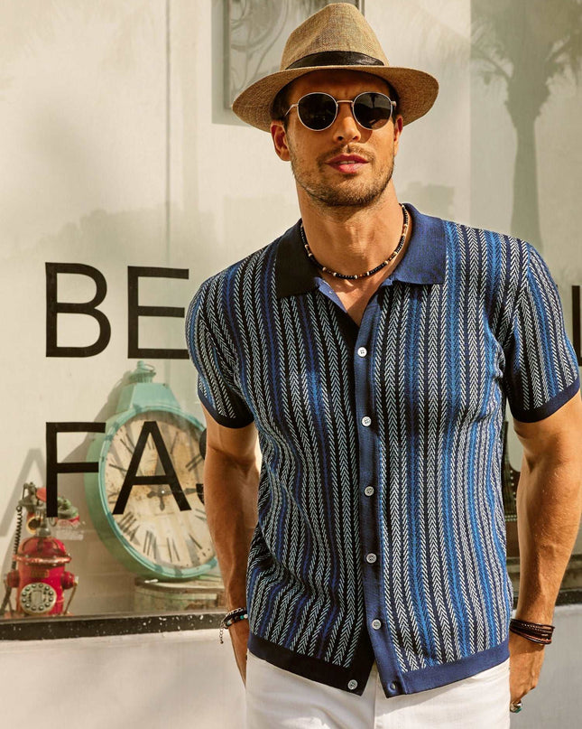 Retro Striped Button-Down Polo Shirt – Short Sleeve Vintage Look for Men