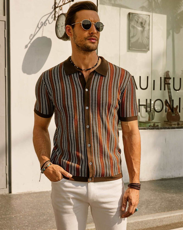 Retro Striped Button-Down Polo Shirt – Short Sleeve Vintage Look for Men