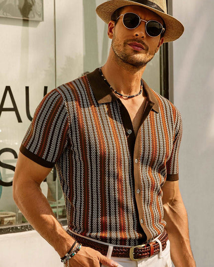 Retro Striped Button-Down Polo Shirt – Short Sleeve Vintage Look for Men