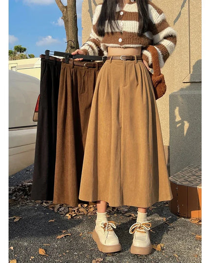 ESTELLE – Classic Belt Corduroy Midi Skirt