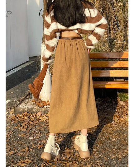 ESTELLE – Classic Belt Corduroy Midi Skirt