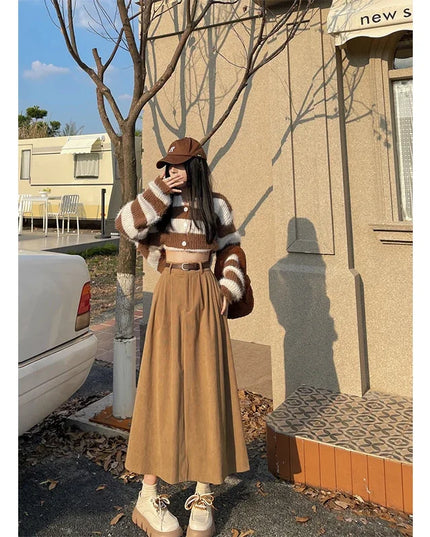 ESTELLE – Classic Belt Corduroy Midi Skirt