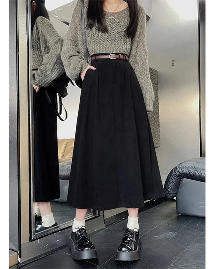 ESTELLE – Classic Belt Corduroy Midi Skirt