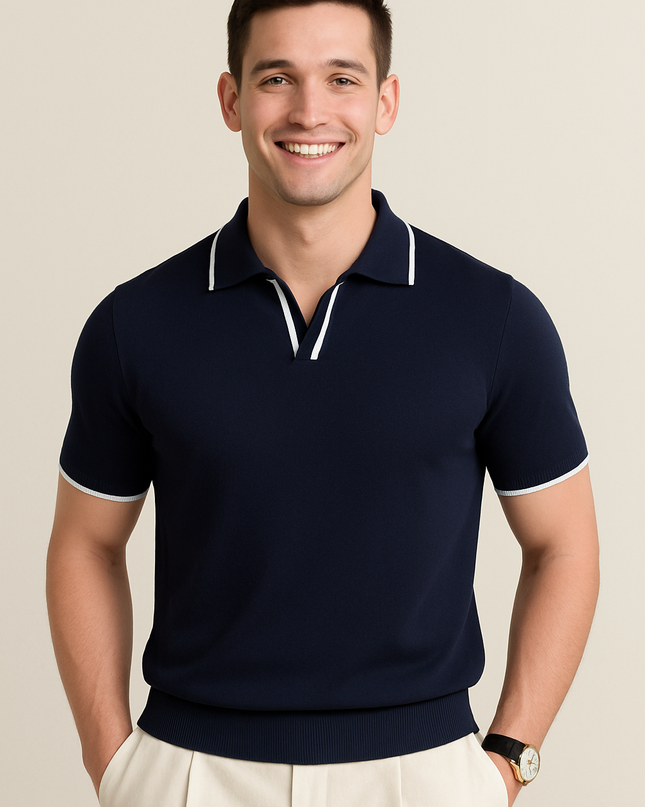 Short Sleeve Knit Polo – Contrast Trim, Slim Fit