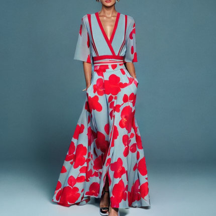Mirella | Women's Floral Wide Leg Jumpsuit with V-Neck and Wrap Waist