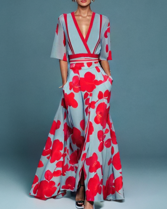 Mirella | Women's Floral Wide Leg Jumpsuit with V-Neck and Wrap Waist