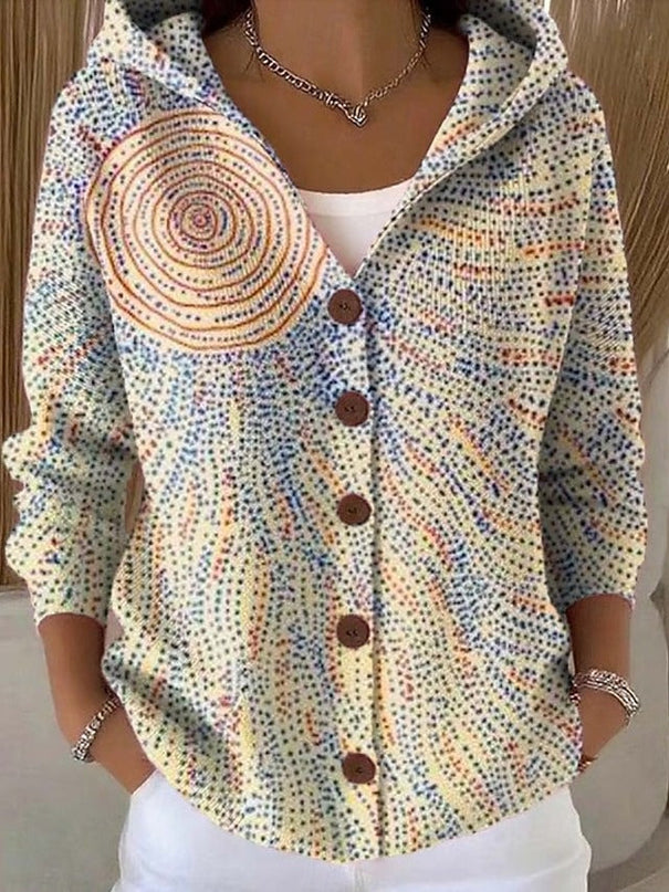 Zaria | Women's Colorful Abstract Print Hooded Cardigan with Button Front