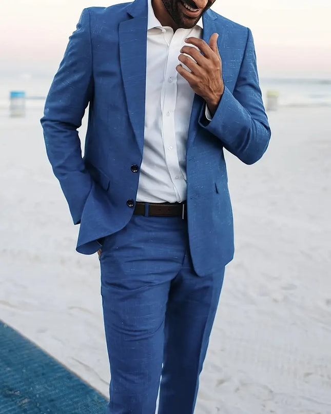 Two-Piece Linen Blend Men’s Suit – Slim Blazer & Trousers for Business & Weddings