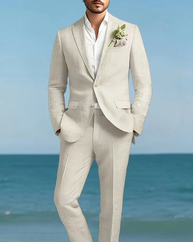 Two-Piece Linen Blend Men’s Suit – Slim Blazer & Trousers for Business & Weddings