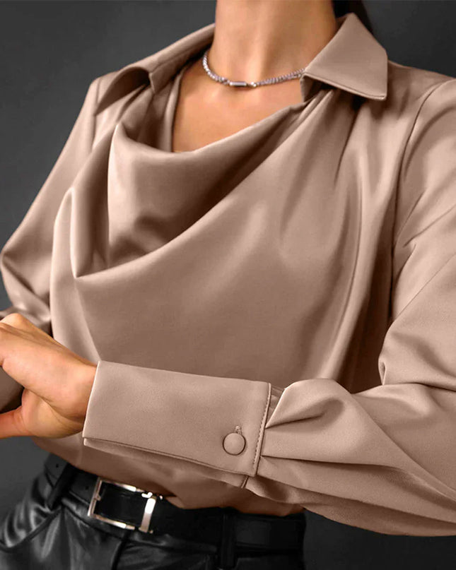 Samantha | Women’s Drape Neck Long Sleeve Satin Blouses