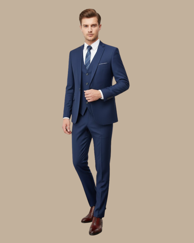 Men’s Slim Fit Three-Piece Suit – Tailored Navy Ensemble for Weddings & Formal Occasions