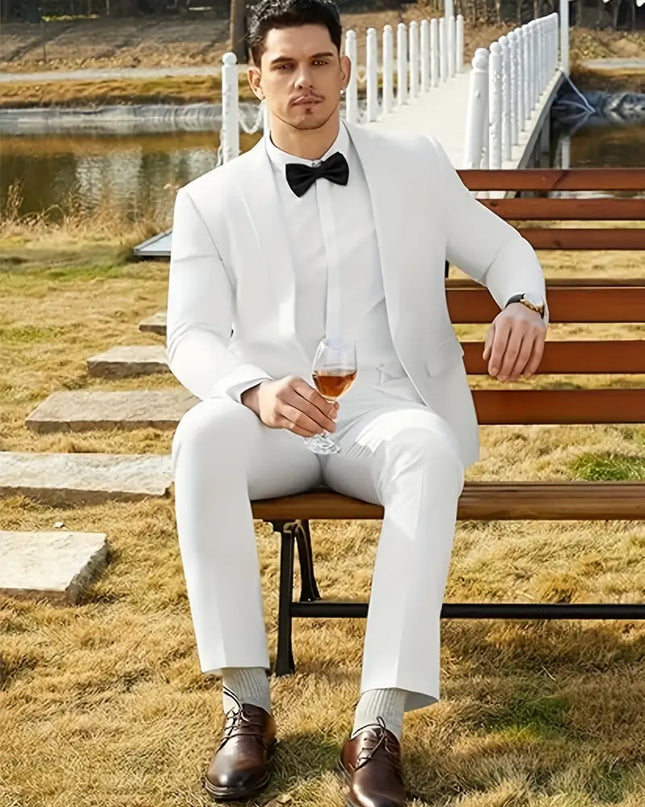 White Men’s Spring/Summer Two-Piece Suit – Blazer & Trousers Set