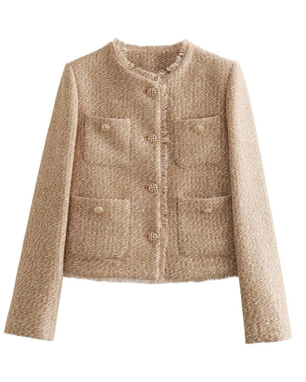 Women’s Blazer Jacket – Collarless, Gold Buttons, Four Pockets