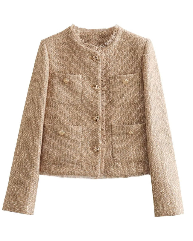 Women’s Blazer Jacket – Collarless, Gold Buttons, Four Pockets