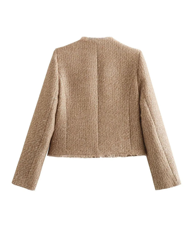 Women’s Blazer Jacket – Collarless, Gold Buttons, Four Pockets