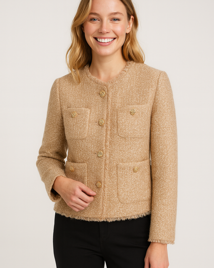 Women’s Blazer Jacket – Collarless, Gold Buttons, Four Pockets