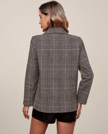 Women’s Checked Blazer – Notch Lapel, Single-Breasted, Longline