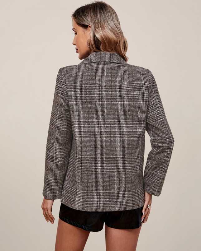 Women’s Checked Blazer – Notch Lapel, Single-Breasted, Longline