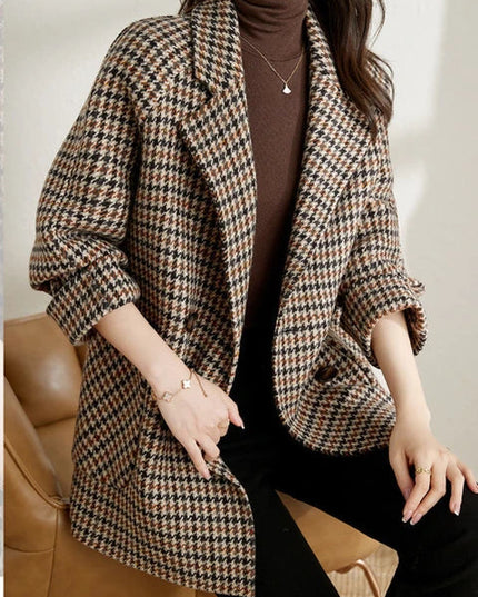 Women’s Long Checkered Blazer – Classic Autumn Winter Style