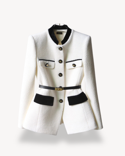 Women's Tailored Belted Blazer – Velvet Detail & Gold-Tone Finish