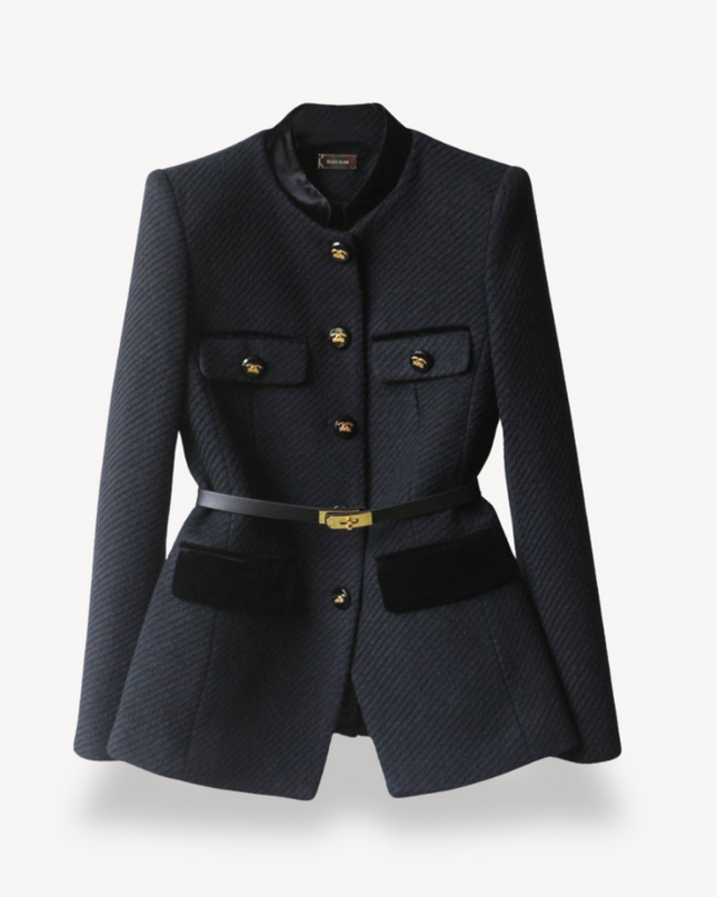 Women's Tailored Belted Blazer – Velvet Detail & Gold-Tone Finish