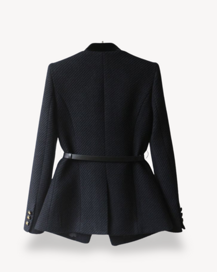 Women's Tailored Belted Blazer – Velvet Detail & Gold-Tone Finish
