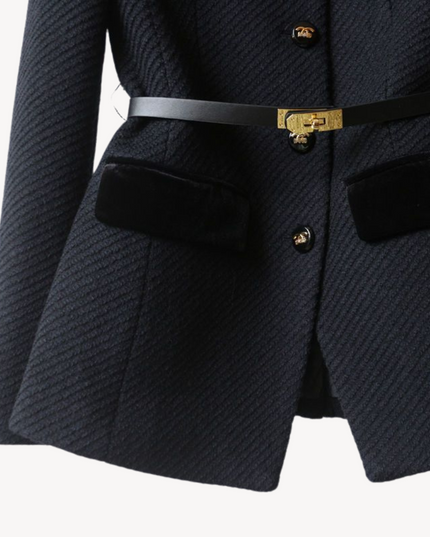 Women's Tailored Belted Blazer – Velvet Detail & Gold-Tone Finish