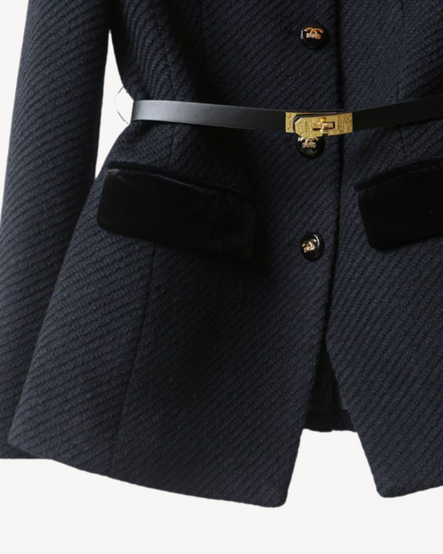 Women's Tailored Belted Blazer – Velvet Detail & Gold-Tone Finish